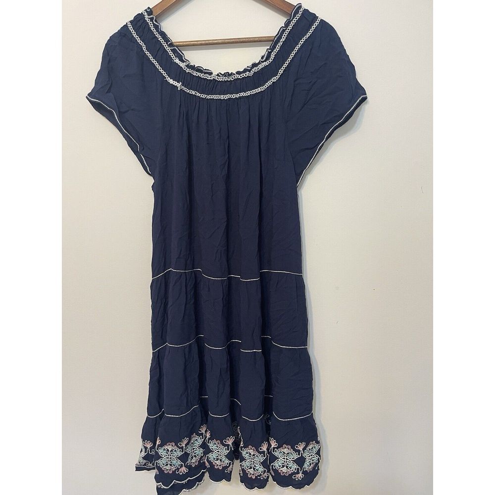 Max Studio Dress‎ Midi Tiered Embroidered Scallop Hem Navy Boho 2x